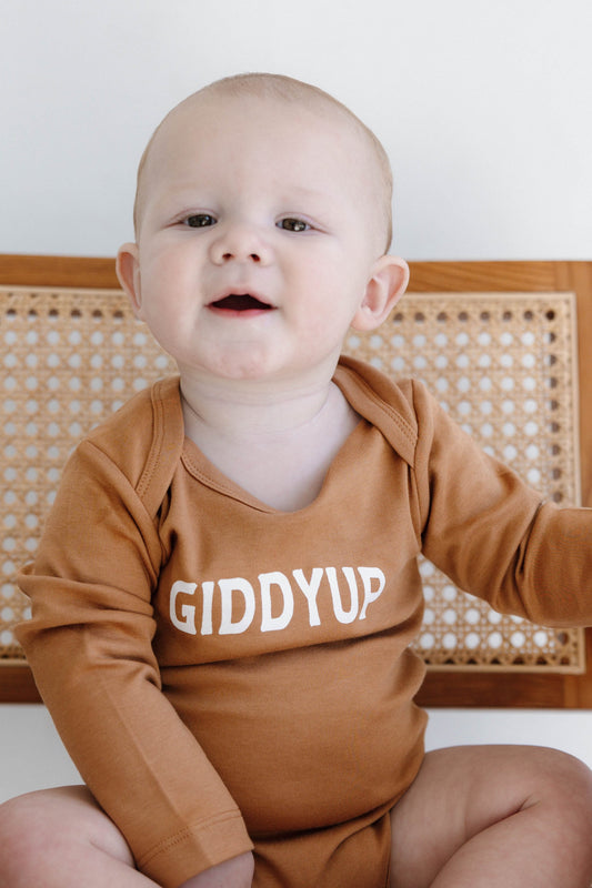 Giddyup Camel Colored Long Sleeve Onesie Organic Soft Cotton for Baby Toddler