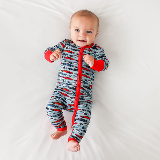 Bamboo soft zippered convertible baby toddler onesie pajamas with racecar car pattern blue red