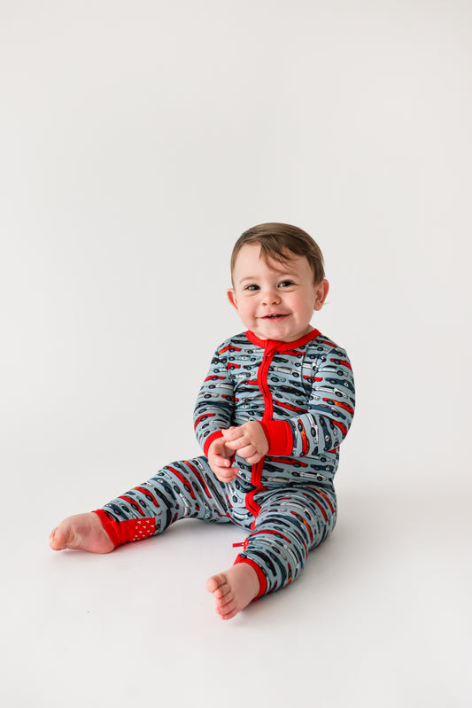 Bamboo soft zippered convertible baby toddler onesie pajamas with racecar car pattern blue red