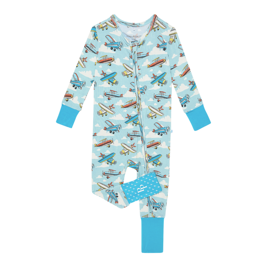 Bamboo soft zippered convertible baby toddler onesie pajamas with airplane pattern blue