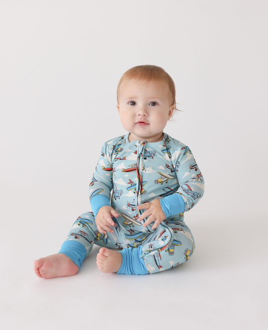 Bamboo soft zippered convertible baby toddler onesie pajamas with airplane pattern blue