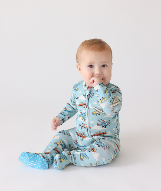 Bamboo soft zippered footie baby toddler onesie pajamas with airplane pattern blue