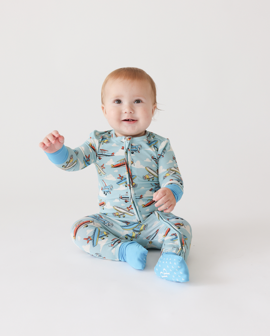 Bamboo soft zippered footie baby toddler onesie pajamas with airplane pattern blue