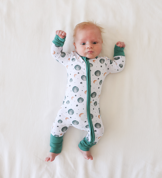 Bamboo soft zippered convertible baby toddler onesie pajamas with outerspace pattern moon and stars