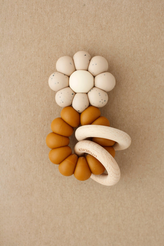 Silicone Wooden Natural Organic Safe Teether for Baby / Toddler Flower Shape Rustic