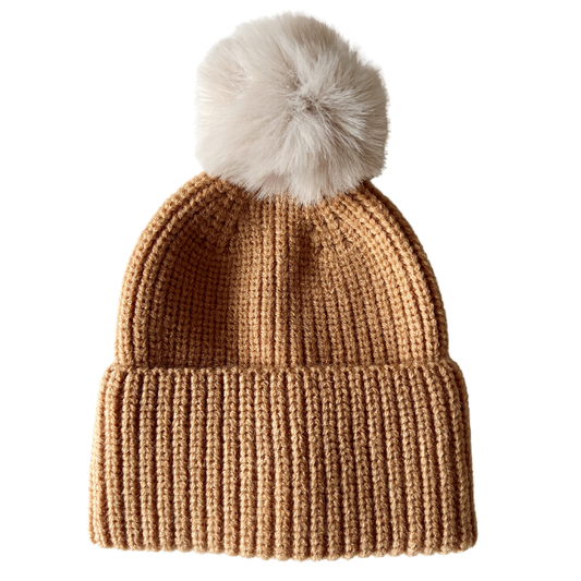 Rib Knit Fur Pom Hat, Rustic