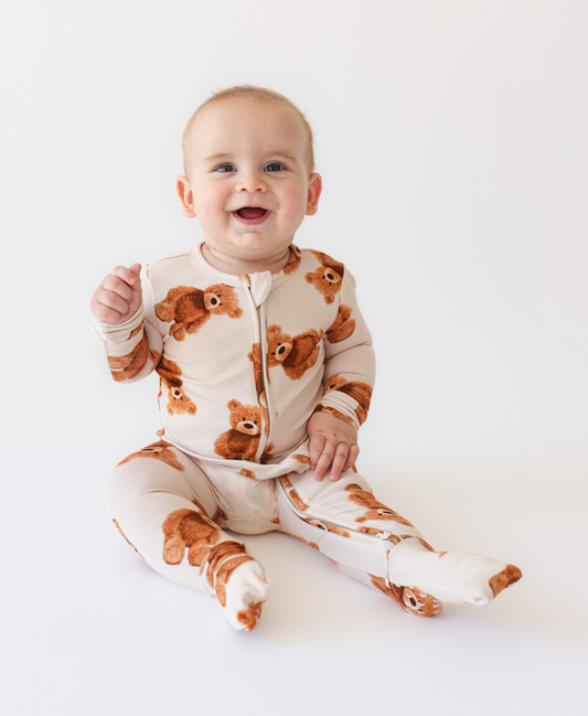 Bamboo soft zippered convertible baby toddler onesie pajamas with teddy bear pattern